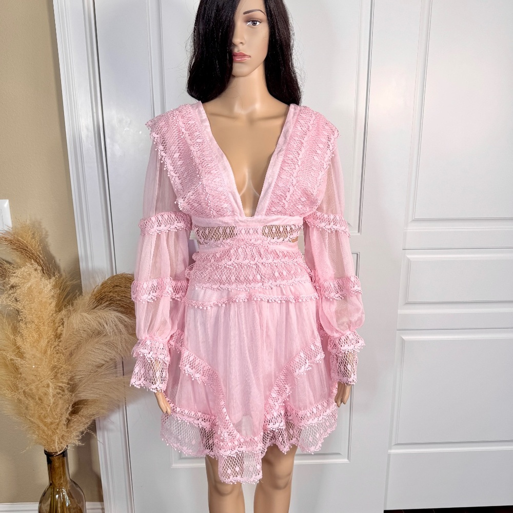 LIGHT PINK MINI DRESS WITH CROCHET AND LACE DETAILS - Picture 3 of 16